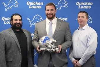 Detroit Lions head coach Matt Patricia (left), center Frank Ragnow (center) and general manager Bob Quinn (right)