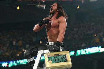 Seth Rollins celebrating at Money in the Bank 2014.