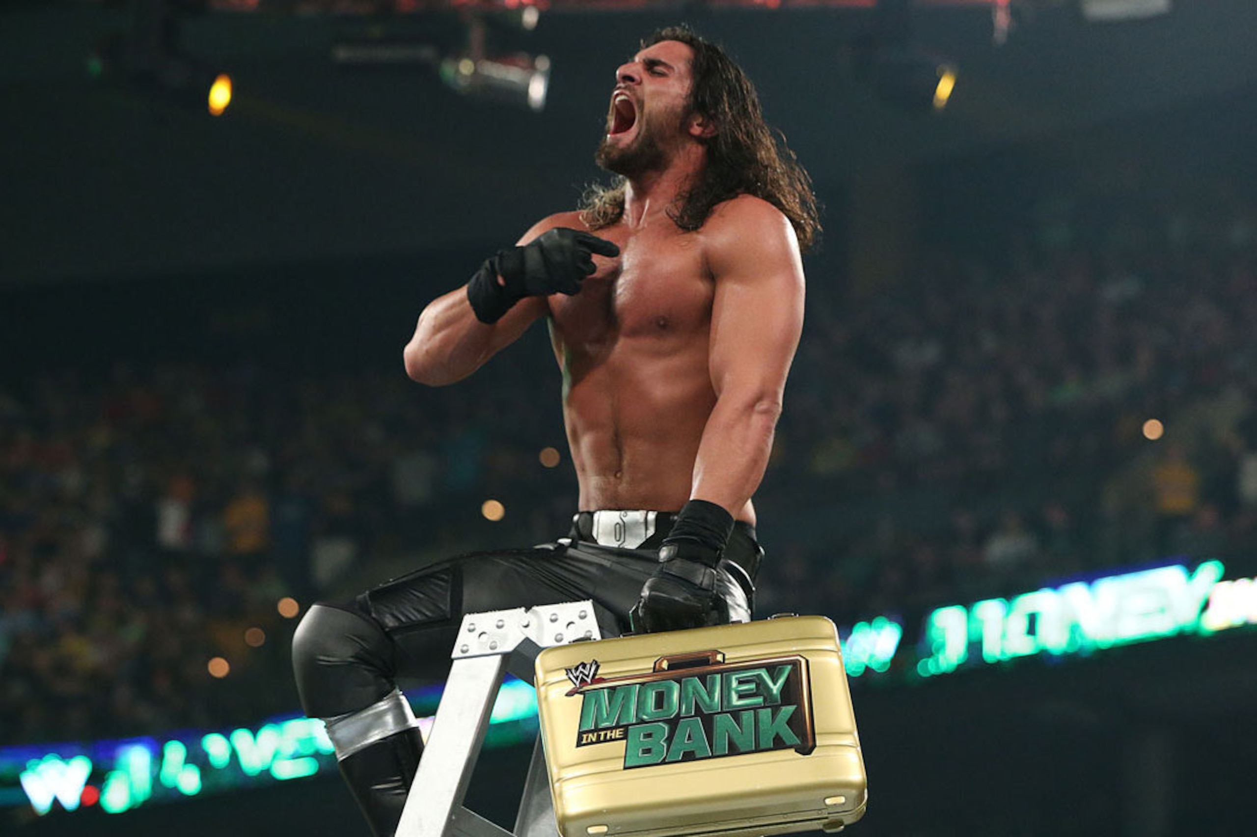 Seth Rollins celebrating at Money in the Bank 2014.