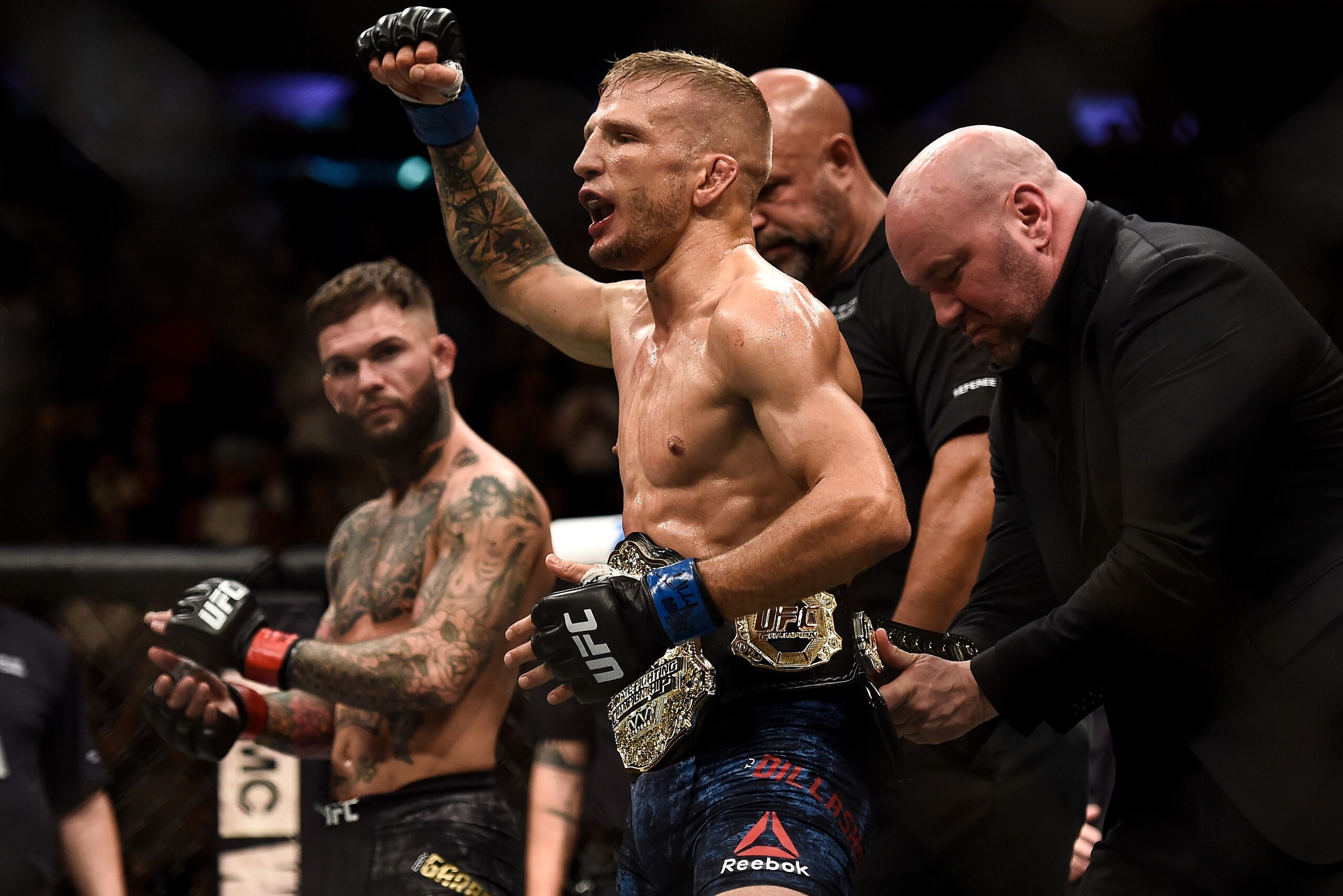 Cody Garbrandt (left) watches as TJ Dillashaw takes the bantamweight belt following their first meeting. Cody Garbrandt (left) watches as TJ Dillashaw takes the bantamweight belt following their first meeting.