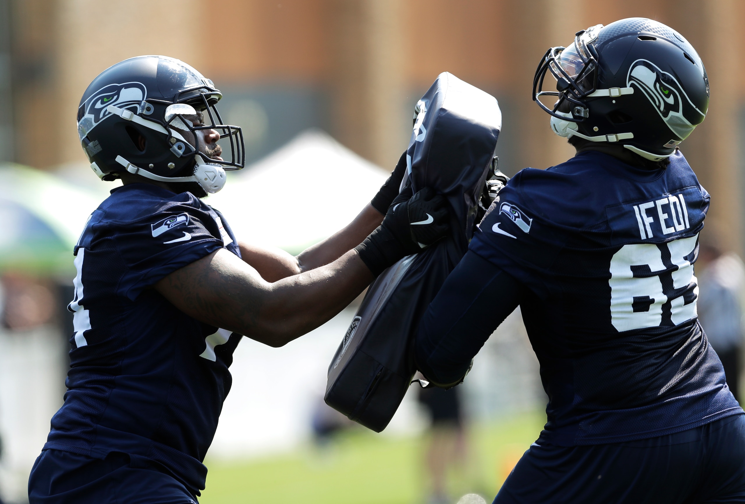 Seattle Seahawks offensive linemen George Fant (left) and Germain Ifedi (right)