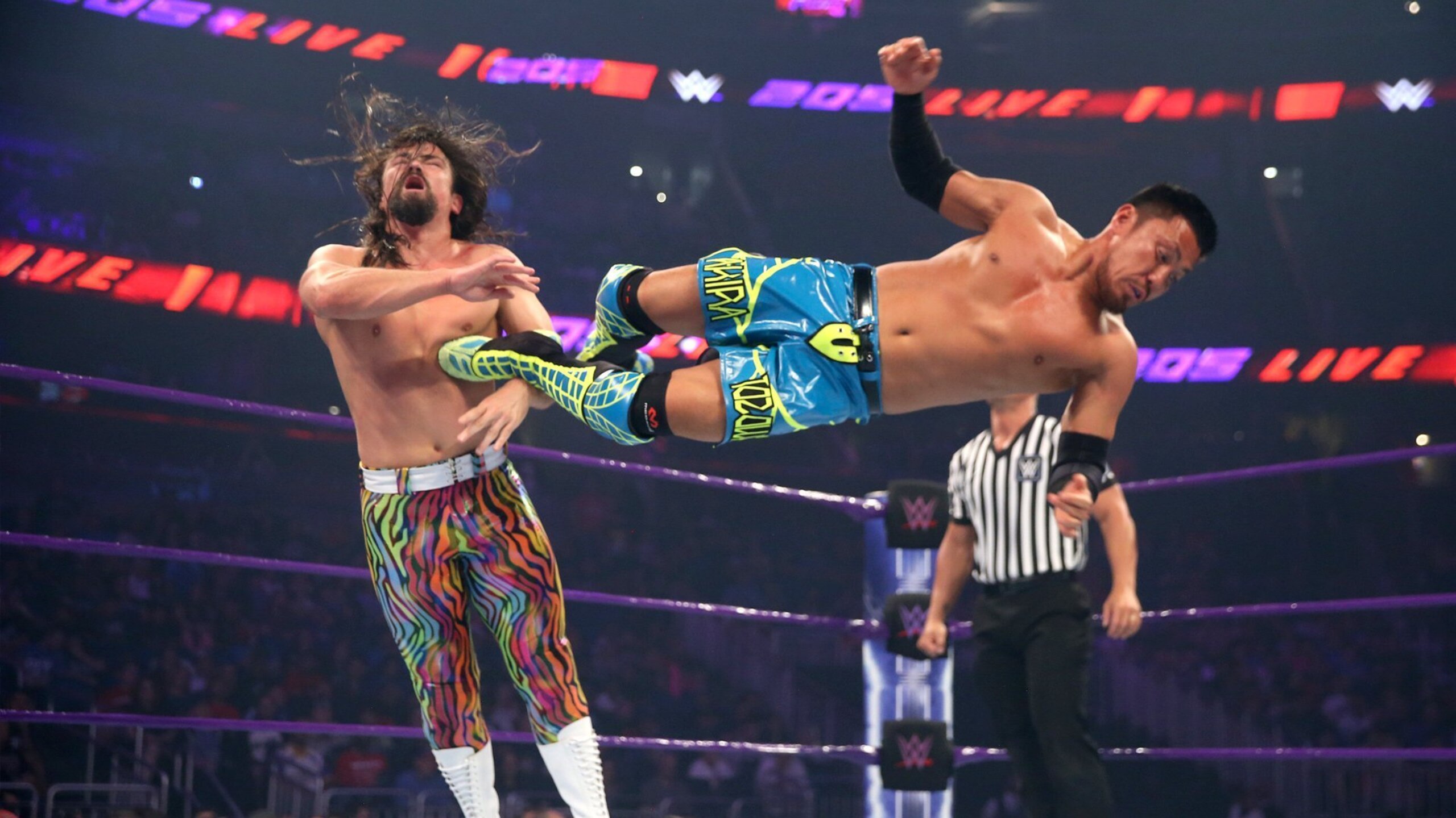 Akira Tozawa delivering a dropkick to The Brian Kendrick Akira Tozawa delivering a dropkick to The Brian Kendrick