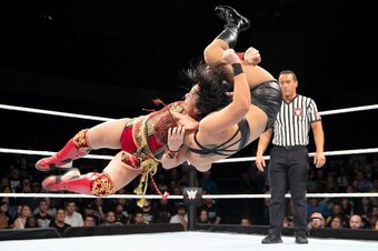 Meiko Satomura hits Killer Kelly with a Death Valley Driver.