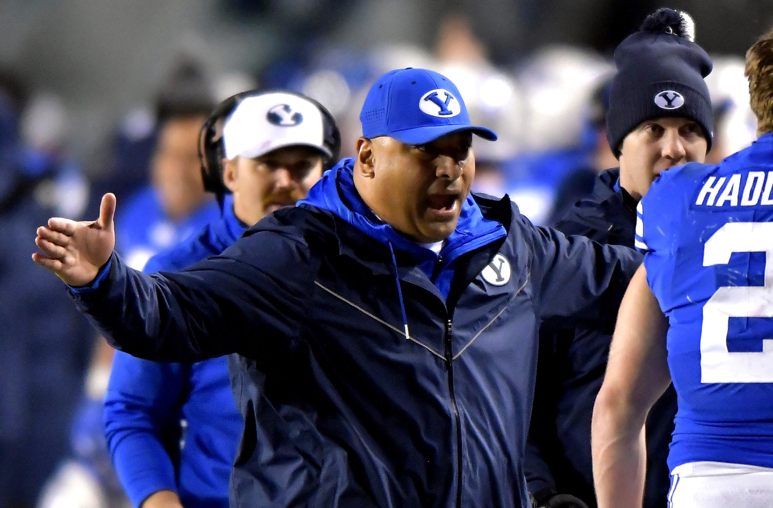 SALT LAKE CITY, UT - NOVEMBER 24: Head coach head coach Kalani Sitake of the Brigham Young Cougars gestures on the sideline in a game against the Utah Utes at Rice-Eccles Stadium on November 24, 2018 in Salt Lake City, Utah. (Photo by Gene Sweeney Jr/Gett SALT LAKE CITY, UT - NOVEMBER 24: Head coach head coach Kalani Sitake of the Brigham Young Cougars gestures on the sideline in a game against the Utah Utes at Rice-Eccles Stadium on November 24, 2018 in Salt Lake City, Utah. (Photo by Gene Sweeney Jr/Gett