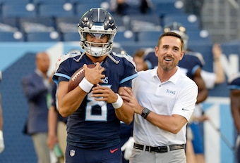 Tennessee Titans quarterback Marcus Mariota (left) and offensive coordinator Matt LaFleur (right)