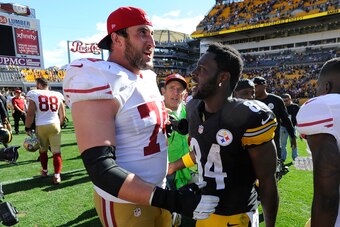 San Francisco 49ers left tackle Joe Staley (left) and Pittsburgh Steelers wide receiver Antonio Brown (right)