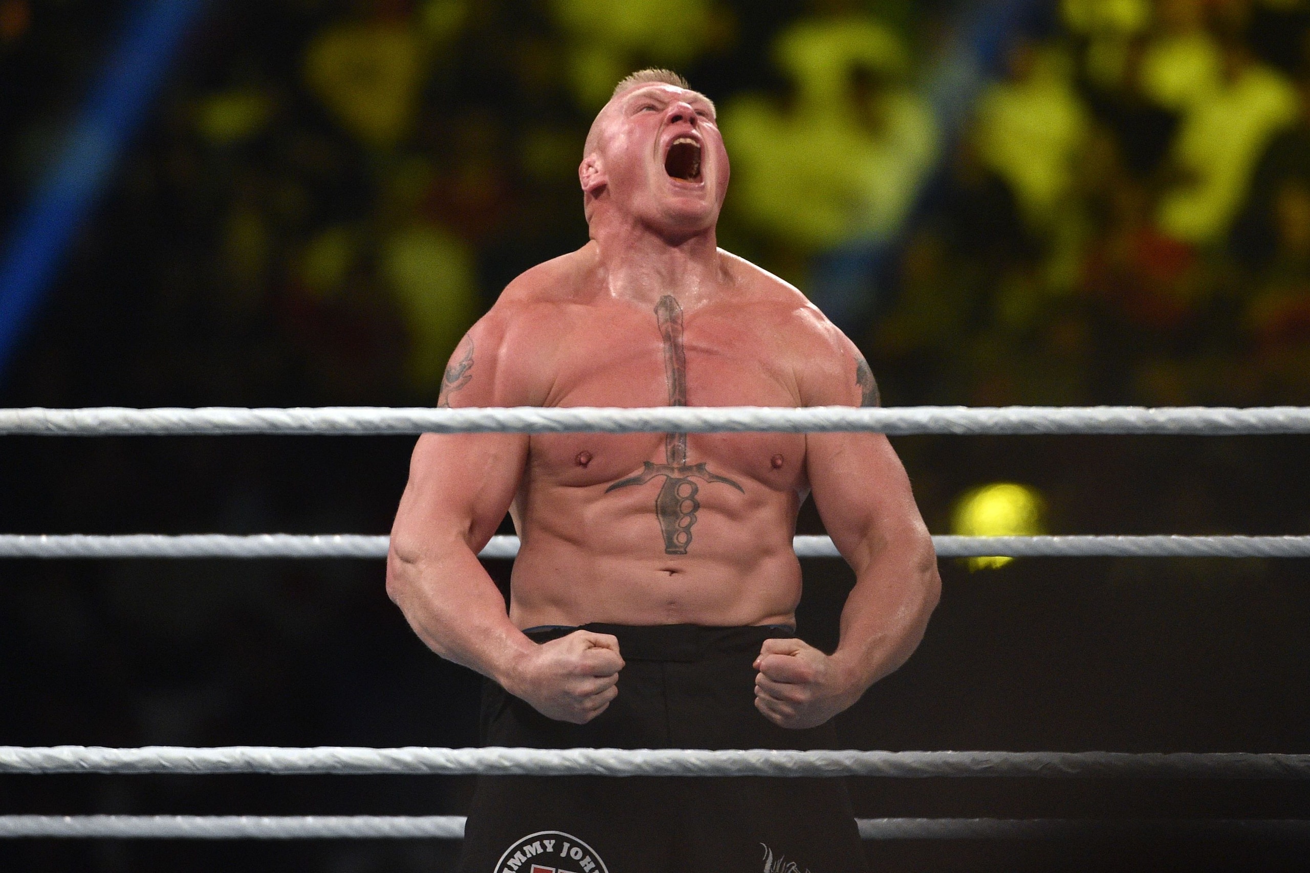 Brock Lesnar posing for the WWE crowd.
