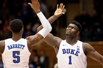 Duke's Zion Williamson (1) and RJ Barrett (5)
