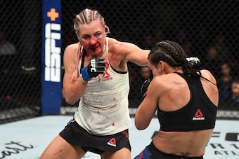 Yana Kunitskaya (left) fights through a broken nose.