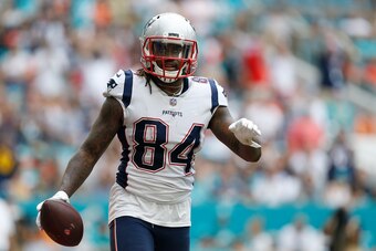 MIAMI, FL - DECEMBER 09:  Cordarrelle Patterson #84 of the New England Patriots reacts after a touchdown against the Miami Dolphins at Hard Rock Stadium on December 9, 2018 in Miami, Florida.  (Photo by Michael Reaves/Getty Images)