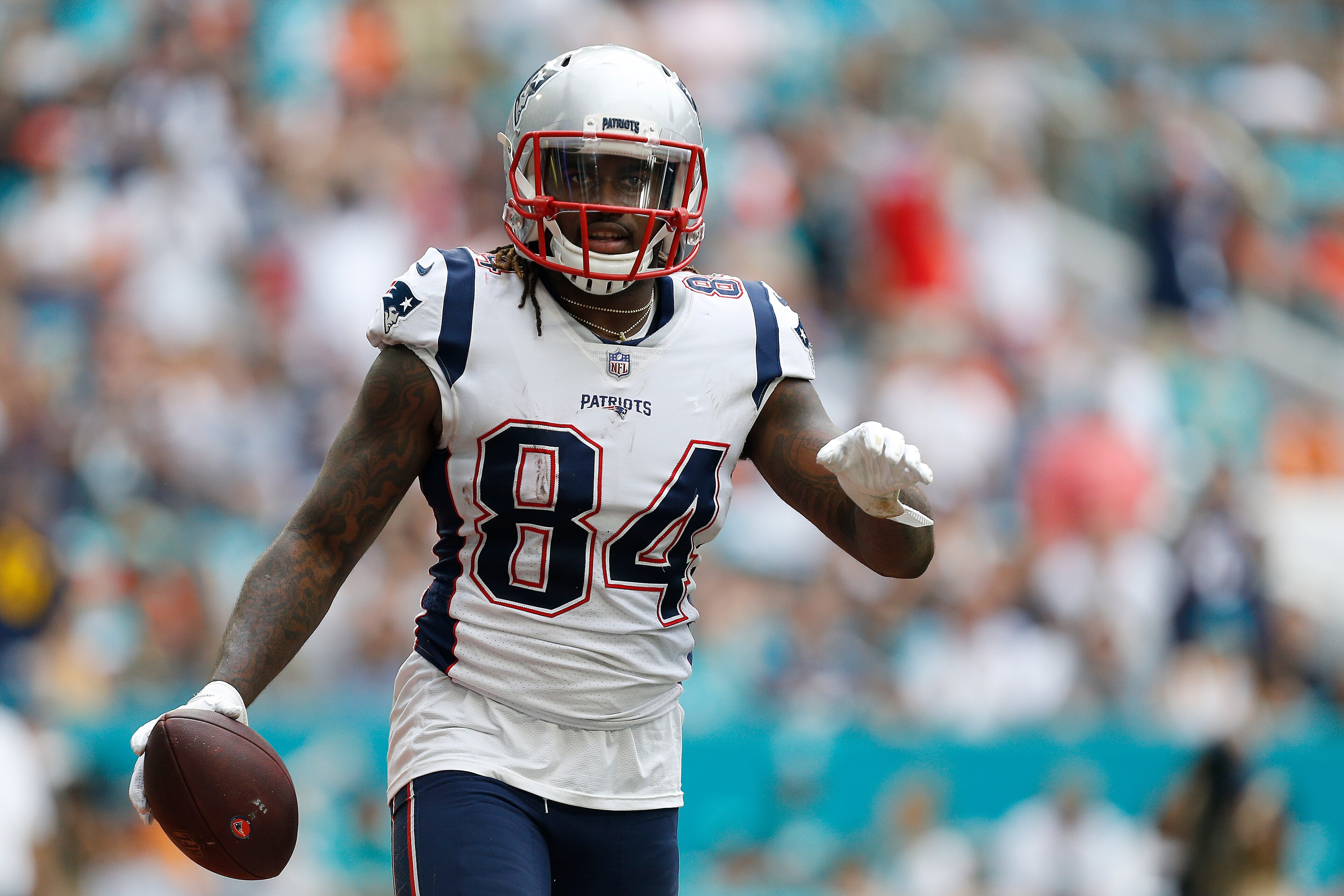 MIAMI, FL - DECEMBER 09: Cordarrelle Patterson #84 of the New England Patriots reacts after a touchdown against the Miami Dolphins at Hard Rock Stadium on December 9, 2018 in Miami, Florida. (Photo by Michael Reaves/Getty Images) MIAMI, FL - DECEMBER 09: Cordarrelle Patterson #84 of the New England Patriots reacts after a touchdown against the Miami Dolphins at Hard Rock Stadium on December 9, 2018 in Miami, Florida. (Photo by Michael Reaves/Getty Images)
