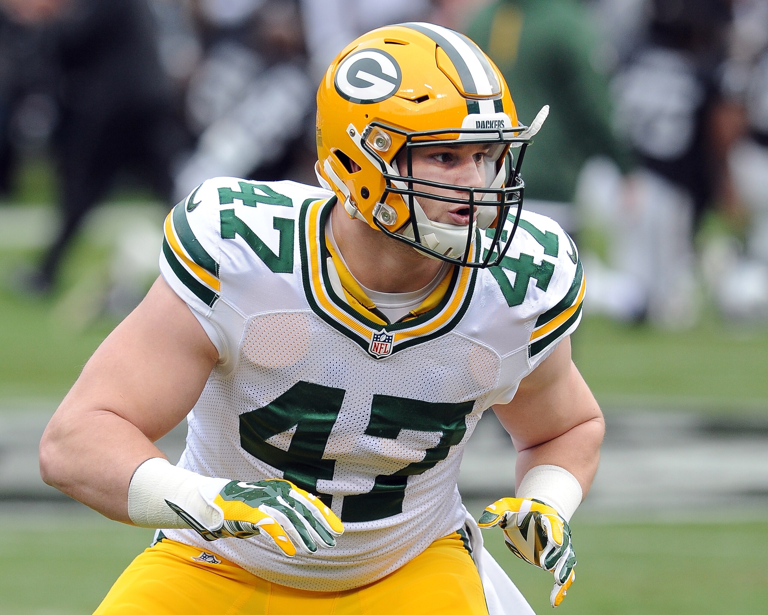 Green Bay Packers linebacker (47) Jake Ryan on the field during warmups before a game against the Oakland Raiders played at O.co Coliseum in Oakland on Sunday, Dec. 20, 2015. (AP Photo/John Cordes)