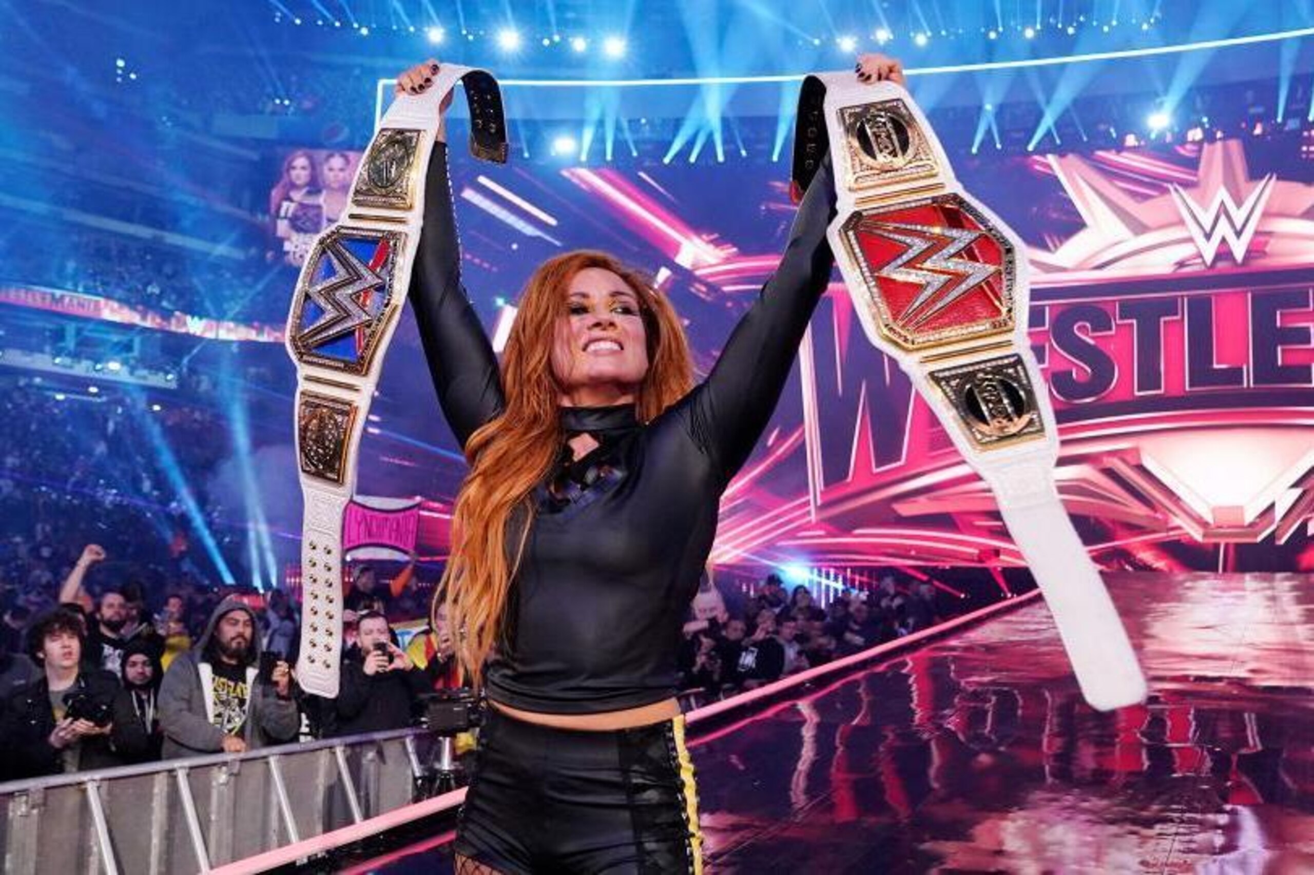 Becky Lynch celebrating at WrestleMania.