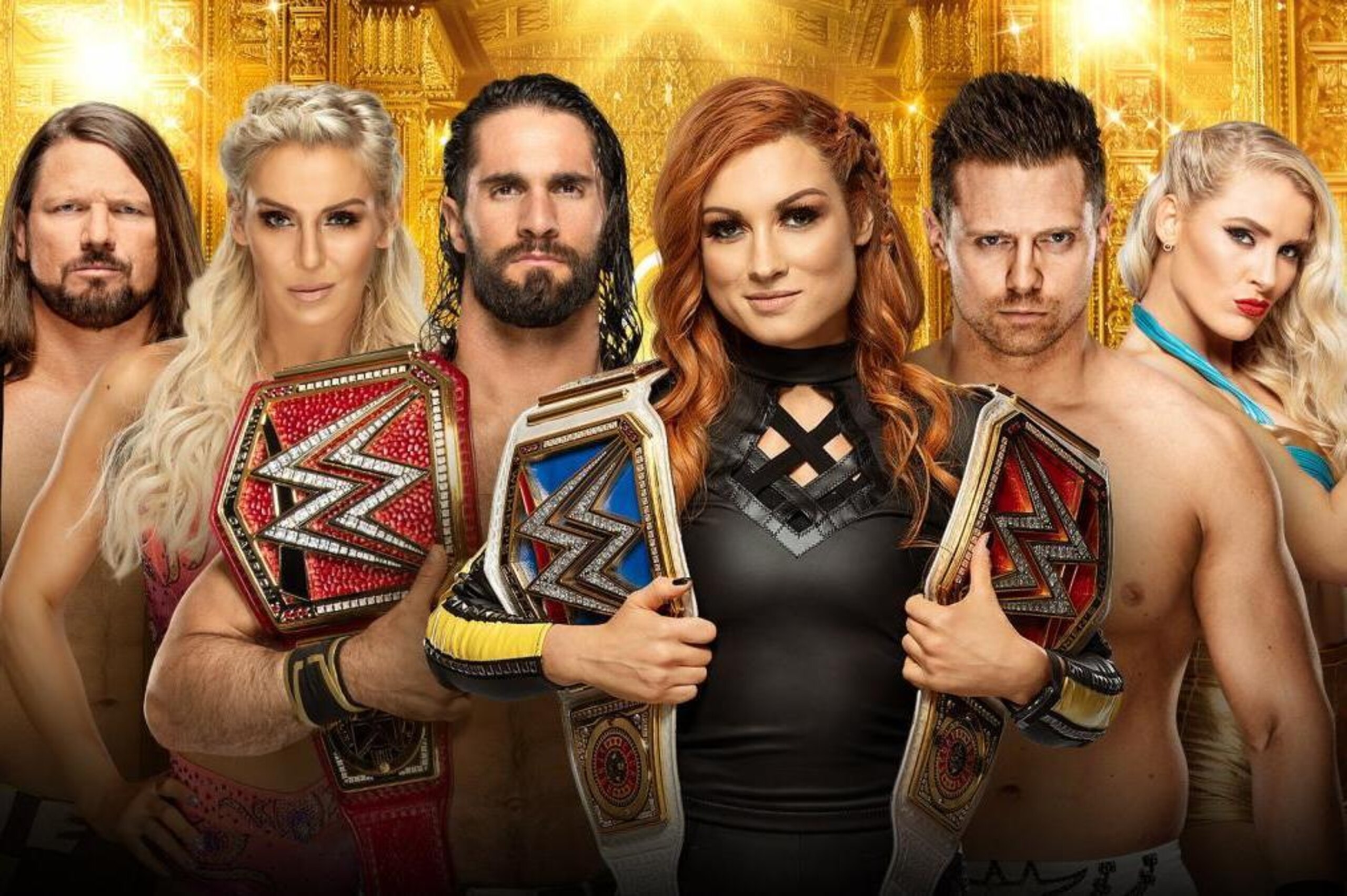AJ Styles, Charlotte, Seth Rollins, Becky Lynch, The Miz and Lacey Evans.