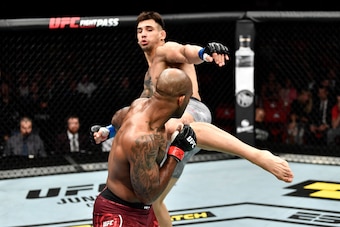 Aleksandar Rakic fires a kick at Jimi Manuwa.