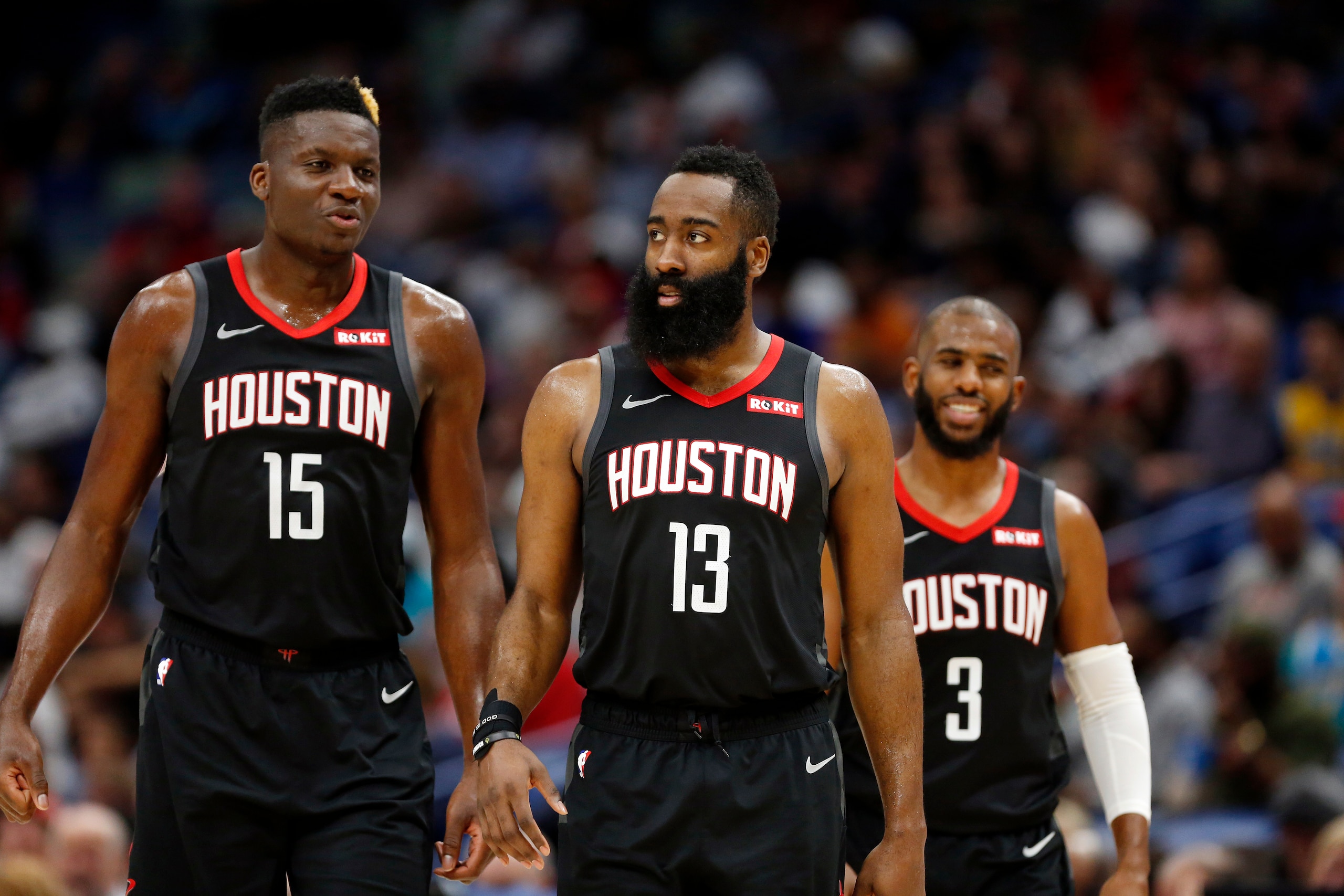 James Harden, Clint Capela and Chris Paul