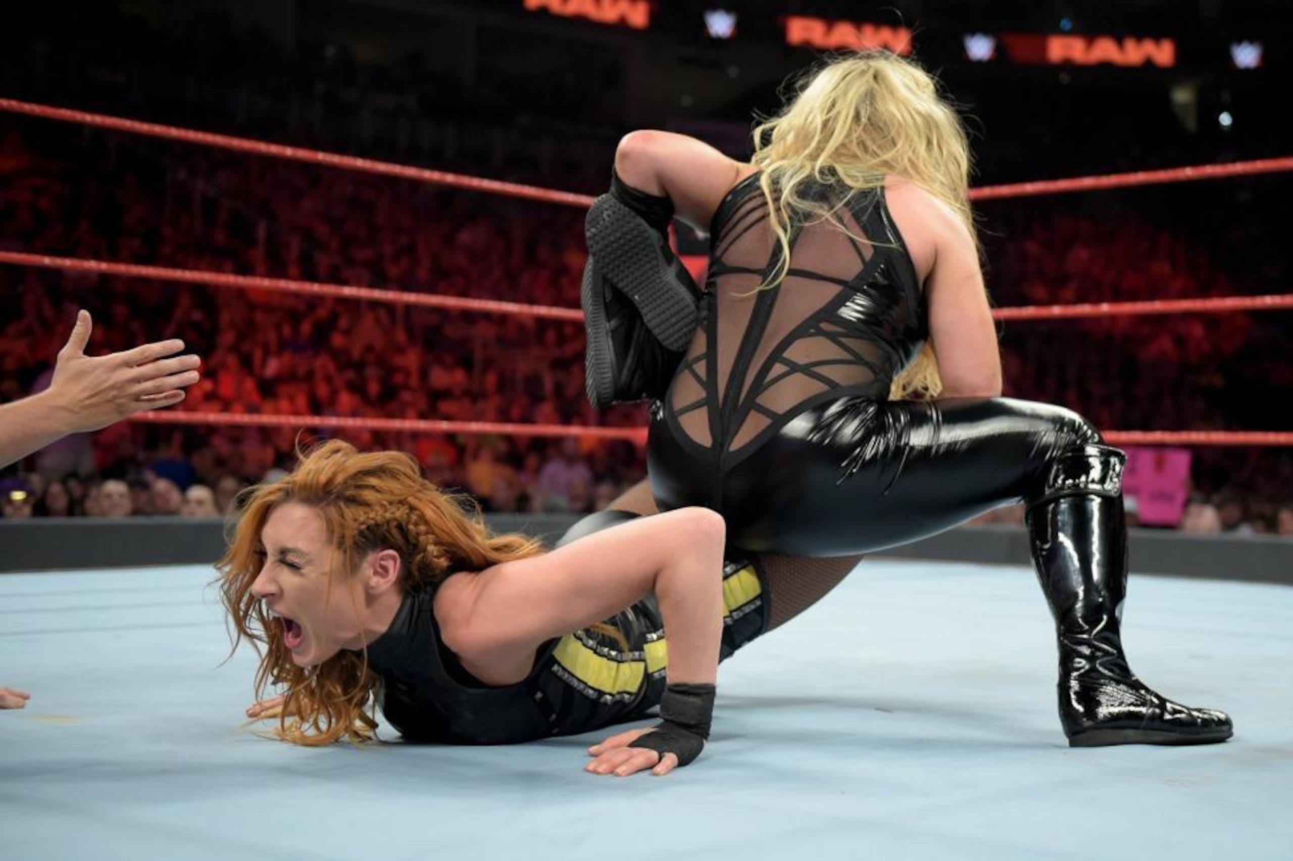 Natalya putting Becky Lynch in the Sharpshooter. Natalya putting Becky Lynch in the Sharpshooter.