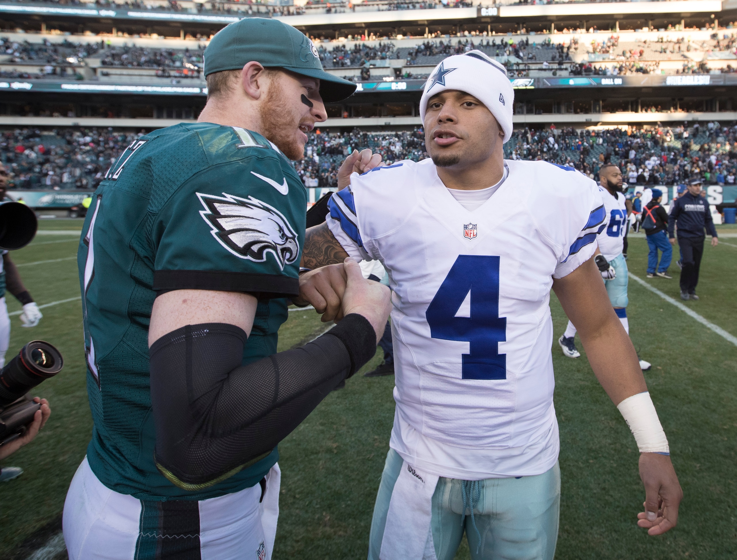 Philadelphia Eagles quarterback Carson Wentz (left) and Dallas Cowboys quarterback Dak Prescott (right) Philadelphia Eagles quarterback Carson Wentz (left) and Dallas Cowboys quarterback Dak Prescott (right)
