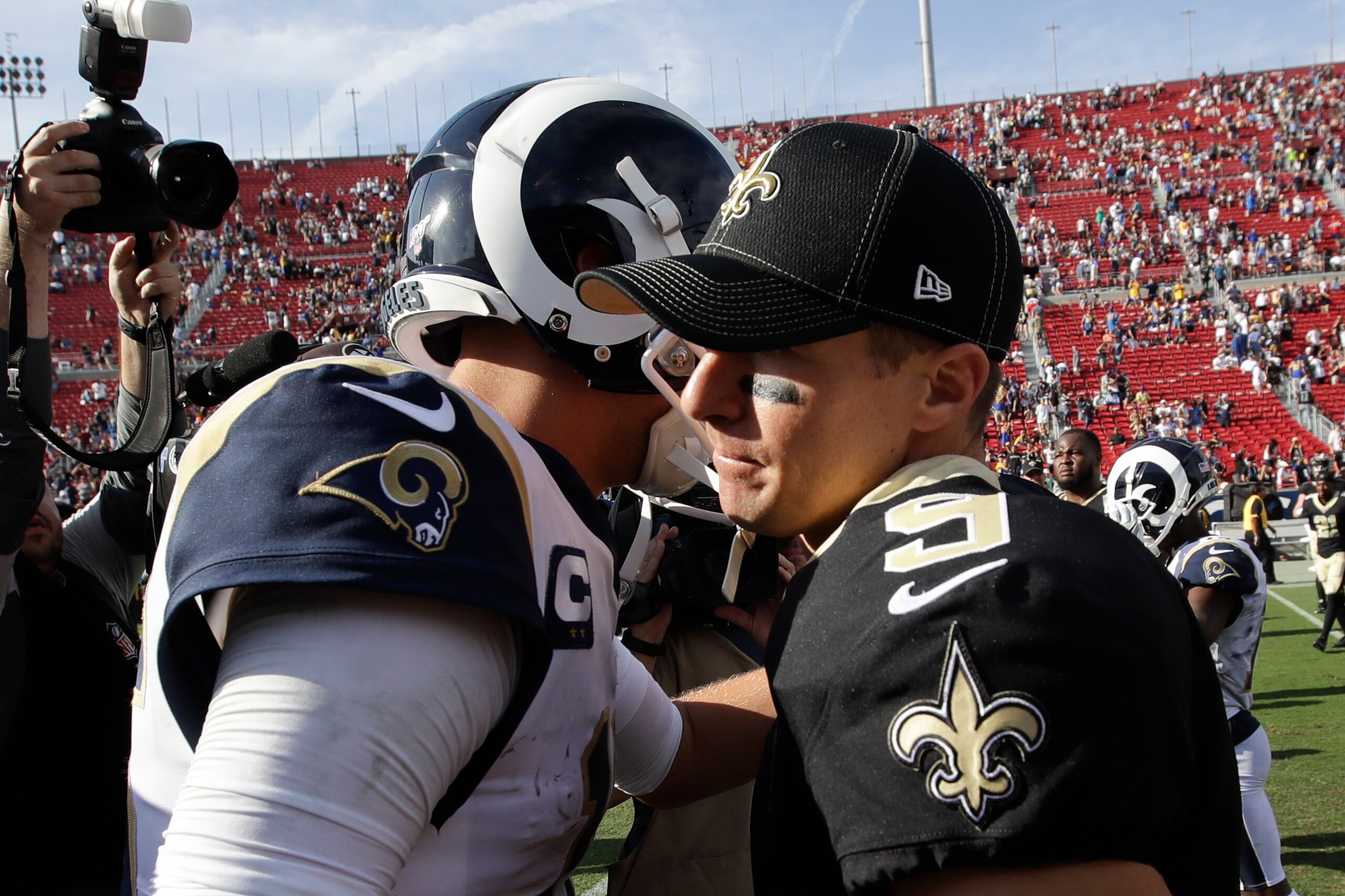 Los Angeles Rams quarterback Jared Goff (left) and New Orleans Saints quarterback Drew Brees (right)