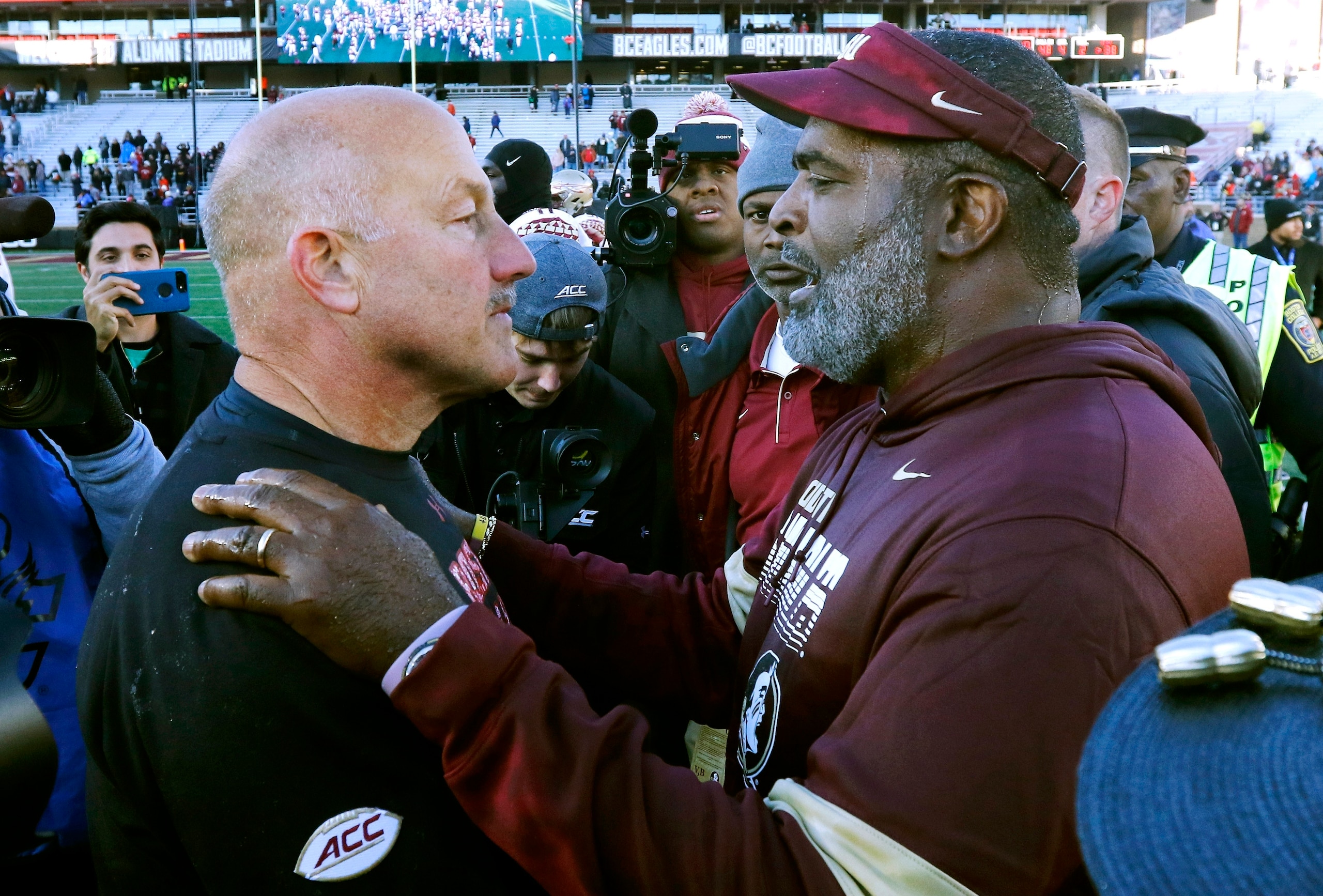 Former Boston College head coach Steve Addazio and Florida State's interim head coach Odell Haggins Former Boston College head coach Steve Addazio and Florida State's interim head coach Odell Haggins