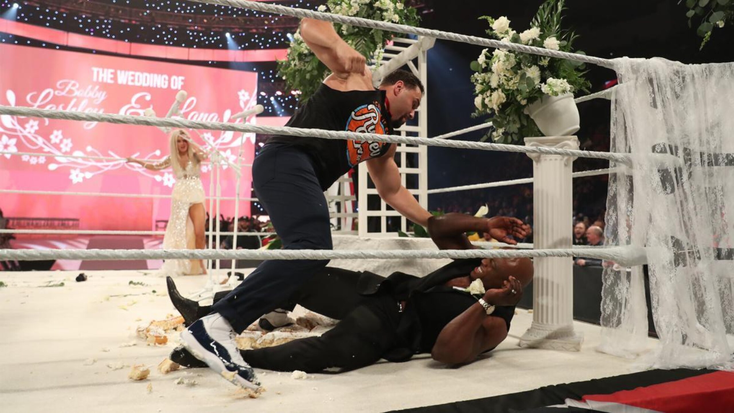 Rusev attacking Bobby Lashley.