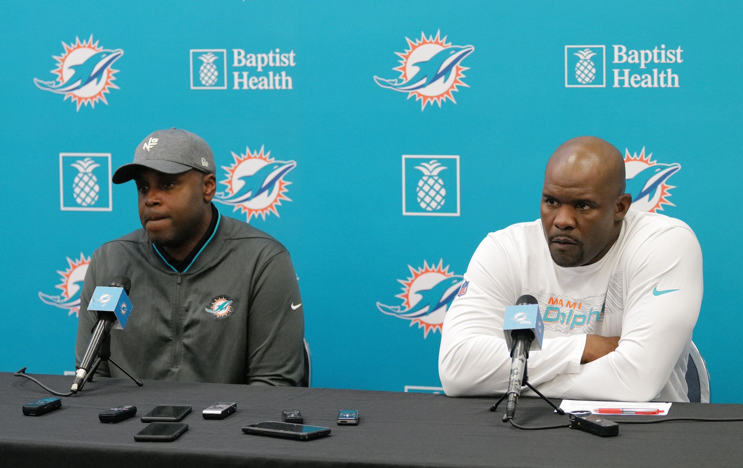 Miami Dolphins general manager Chris Grier and head coach Brian Flores Miami Dolphins general manager Chris Grier and head coach Brian Flores