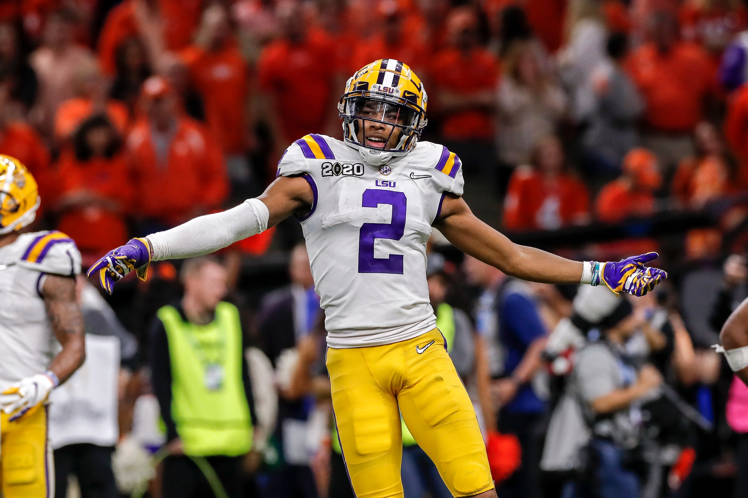 NEW ORLEANS, LA - JANUARY 13: Wide Receiver Justin Jefferson #2 of the LSU Tigers celebrates as the time is ticking away during the College Football Playoff National Championship game against the Clemson Tigers at the Mercedes-Benz Superdome on January 13