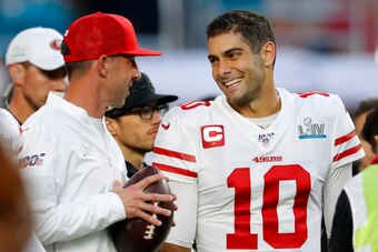 San Francisco 49ers head coach Kyle Shanahan (left) and quarterback Jimmy Garoppolo