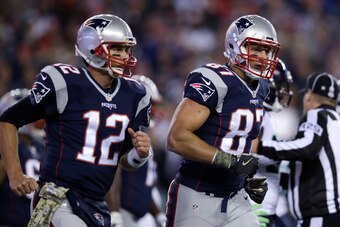 Tampa Bay Buccaneers quarterback Tom Brady (left) and tight end Rob Gronkowski (right)