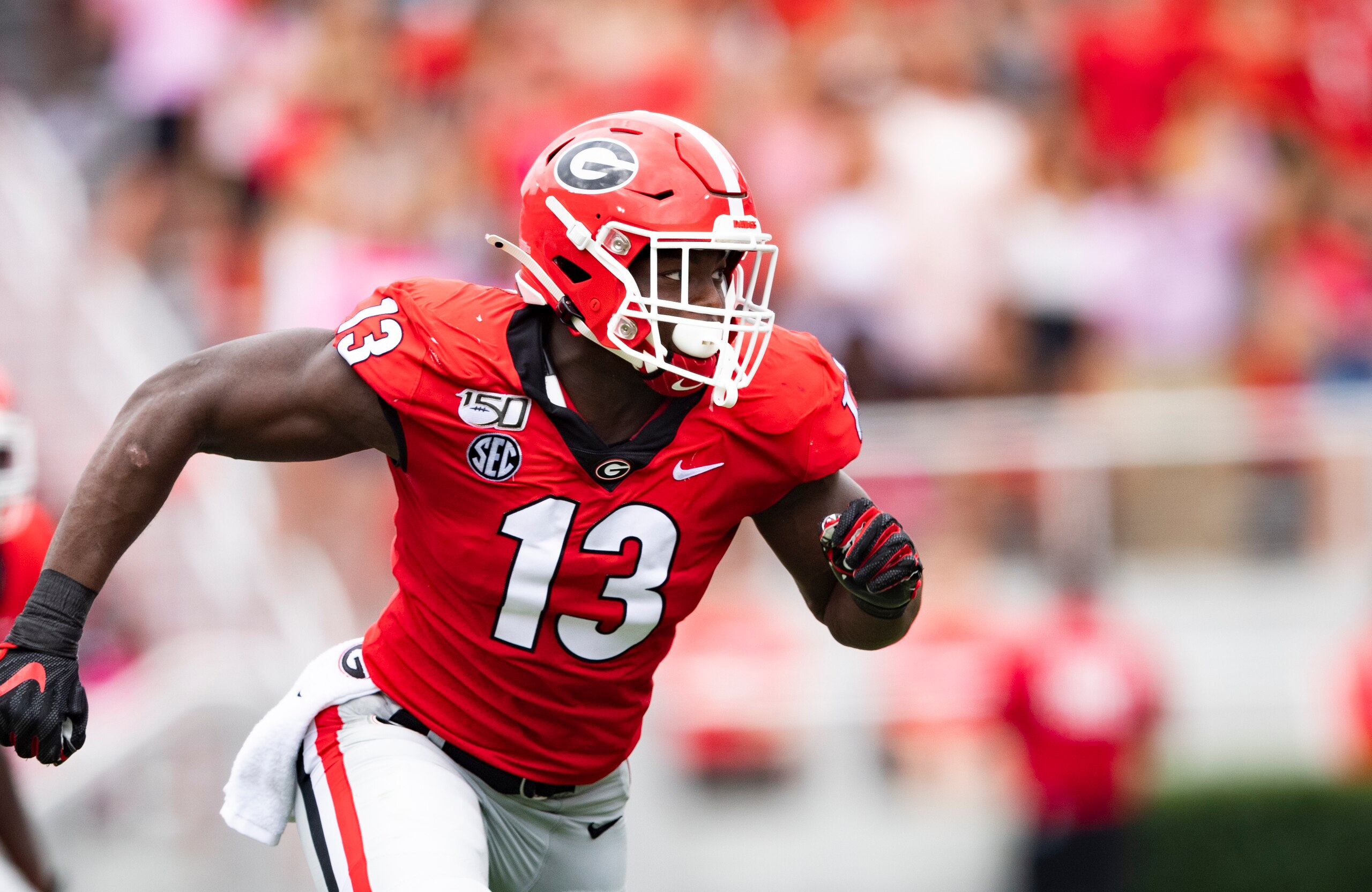 Georgia linebacker Azeez Ojulari rushes the line during an NCAA football gameagainst Arkansas State on Saturday, Sept. 14, 2019 in Athens, Ga. (AP Photo/John Amis)