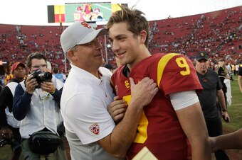 USC coach Clay Helton and QB Kedon Slovis