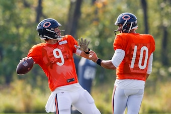 Chicago Bears quarterbacks Nick Foles (left) and Mitchell Trubisky (right)