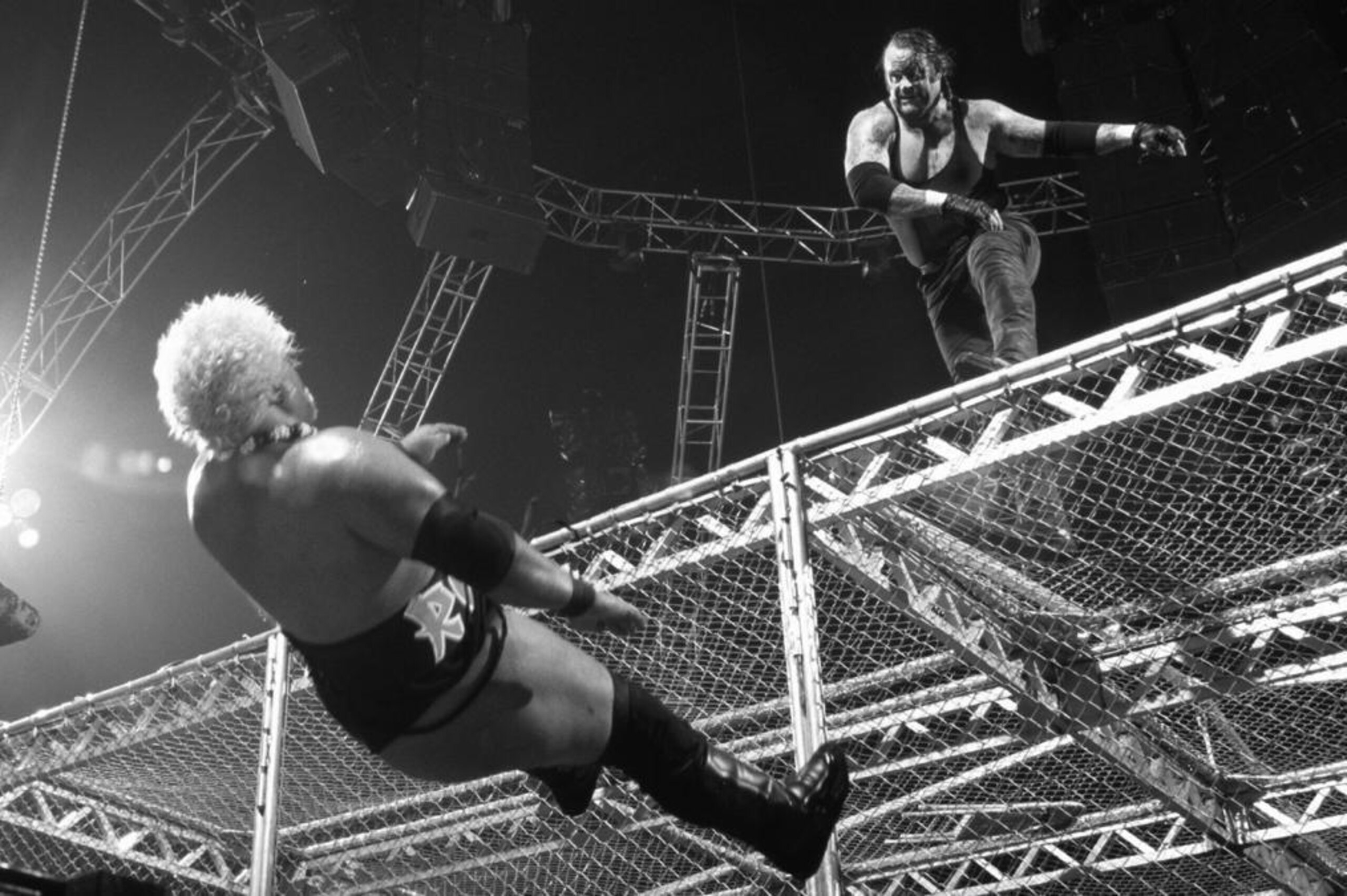 The Undertaker throwing Rikishi from the top of the cell.