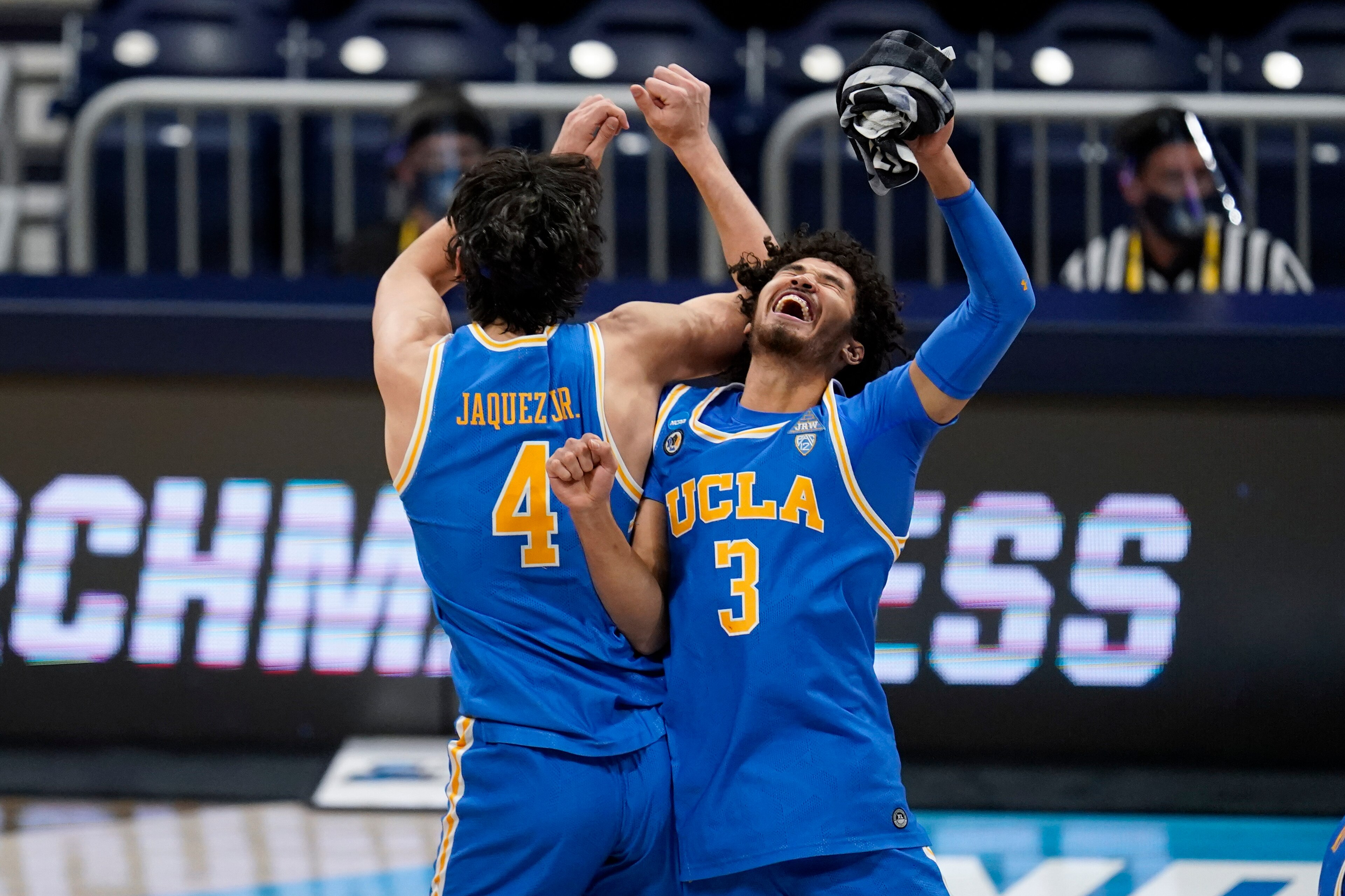 UCLA's Johnny Juzang (3) and Jaime Jaquez Jr. (4)