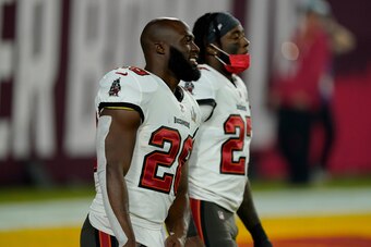 Tampa Bay Buccaneers running back Leonard Fournette (front) and Ronald Jones II (back)