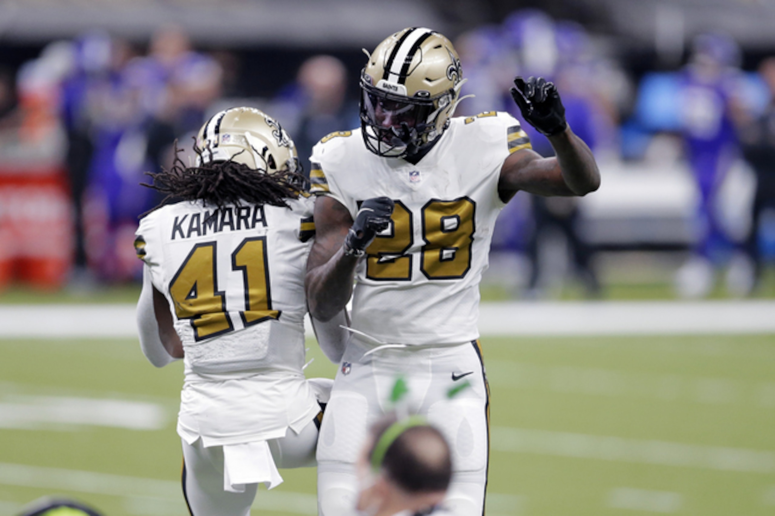 New Orleans Saints running backs Alvin Kamara (left) and Latavius Murray (right)