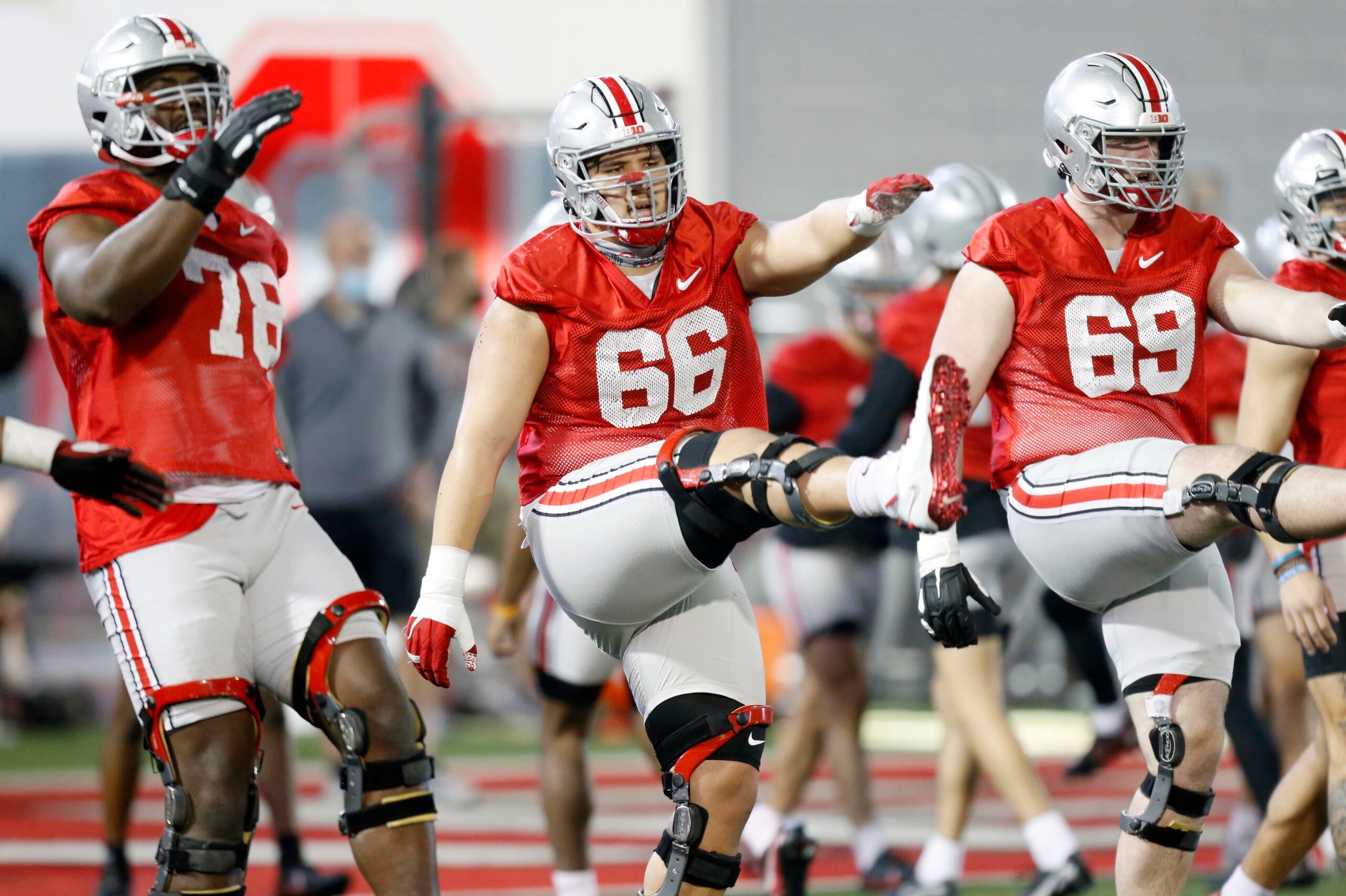 Ohio State's Nicholas Petit-Frere (78), Enokk Vimahi (66) and Trey Leroux (69) Ohio State's Nicholas Petit-Frere (78), Enokk Vimahi (66) and Trey Leroux (69)