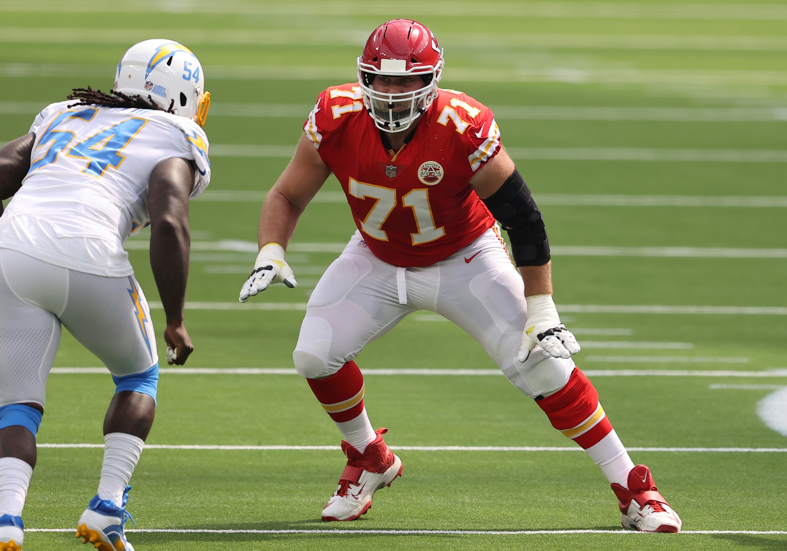 Kansas City Chiefs offensive tackle Mitchell Schwartz (71) blocks during an NFL football game between the between the Kansas City Chiefs and the Los Angeles Chargers, Sunday, Sept. 20, 2020, in Inglewood, Calif. (AP Photo/Peter Joneleit)