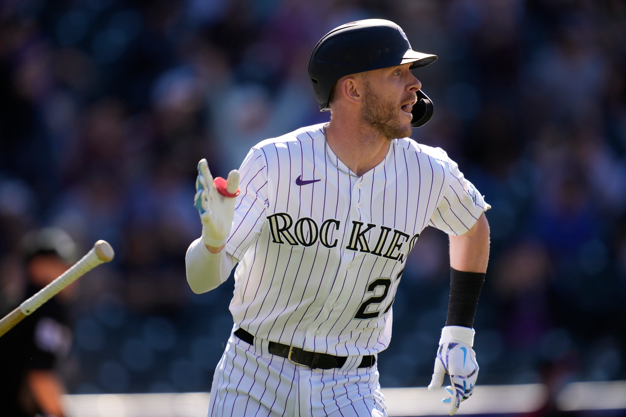 Trevor Story in the Colorado Rockies home jersey. Trevor Story in the Colorado Rockies home jersey.