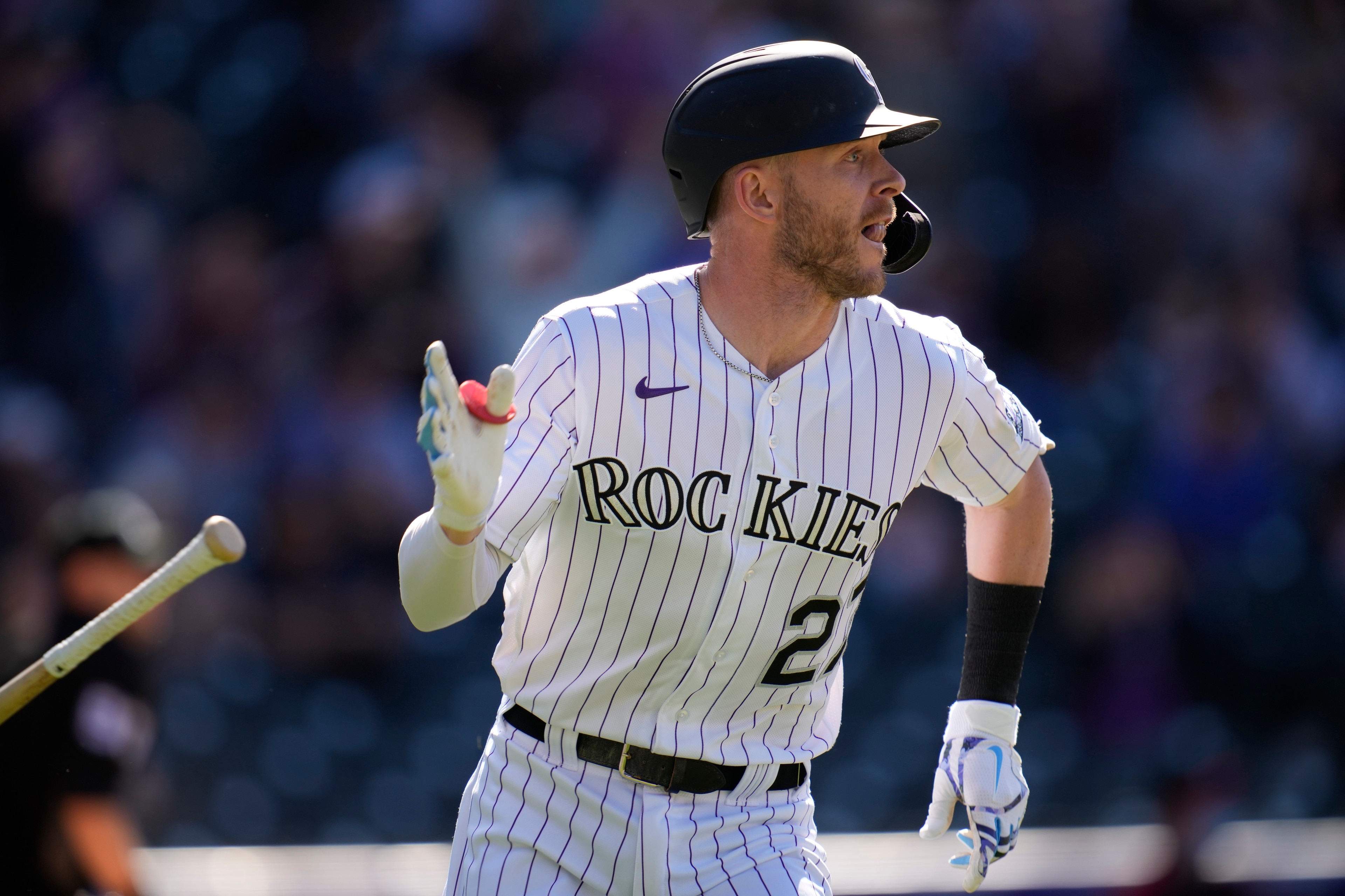 Trevor Story in the Colorado Rockies home jersey.