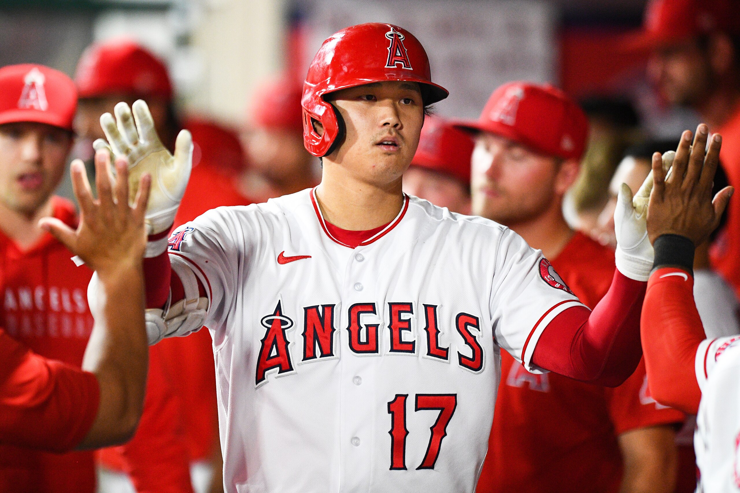 Shohei Ohtani in the Los Angeles Angels home jersey. Shohei Ohtani in the Los Angeles Angels home jersey.