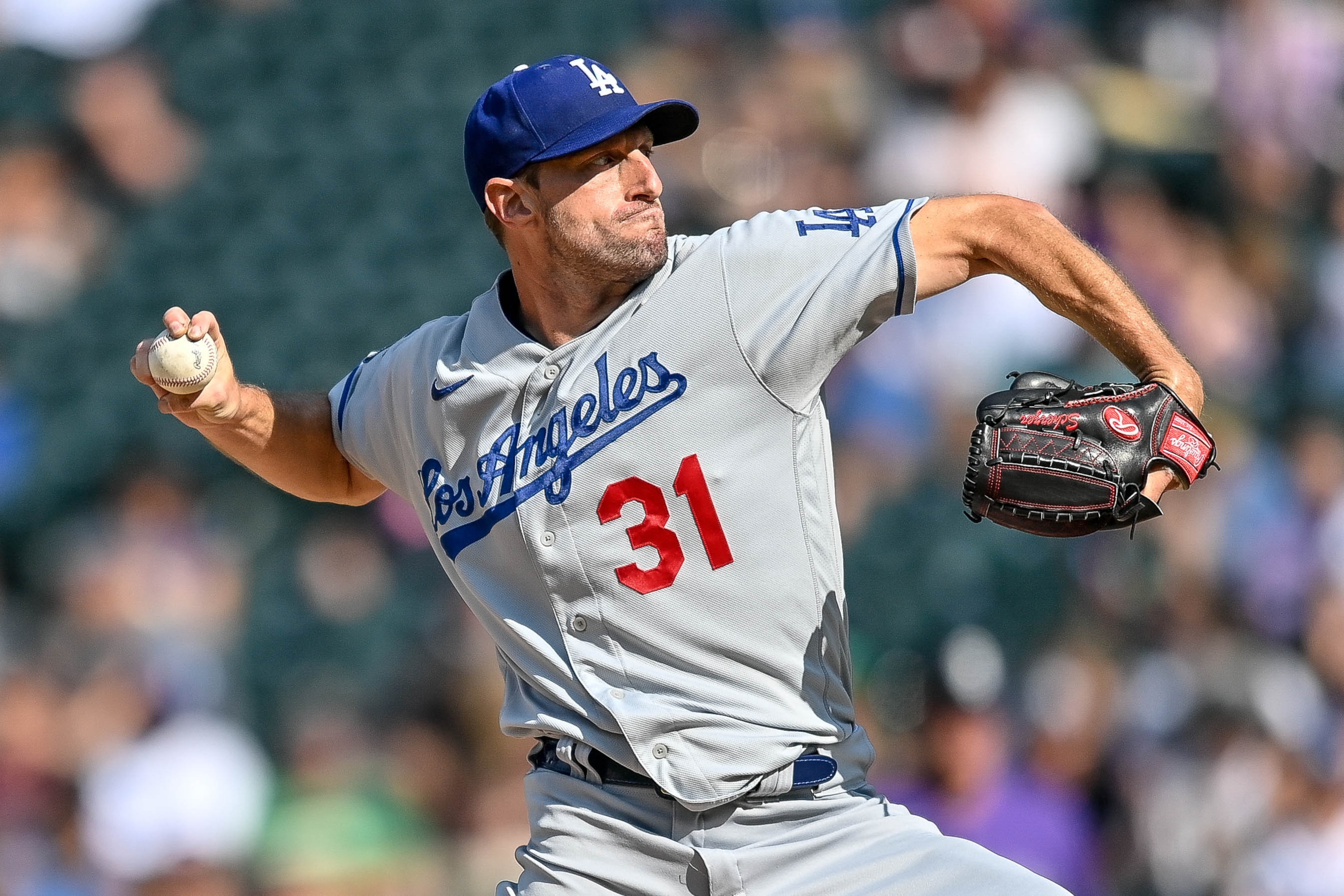 Max Scherzer in the Los Angeles Dodgers road jersey.