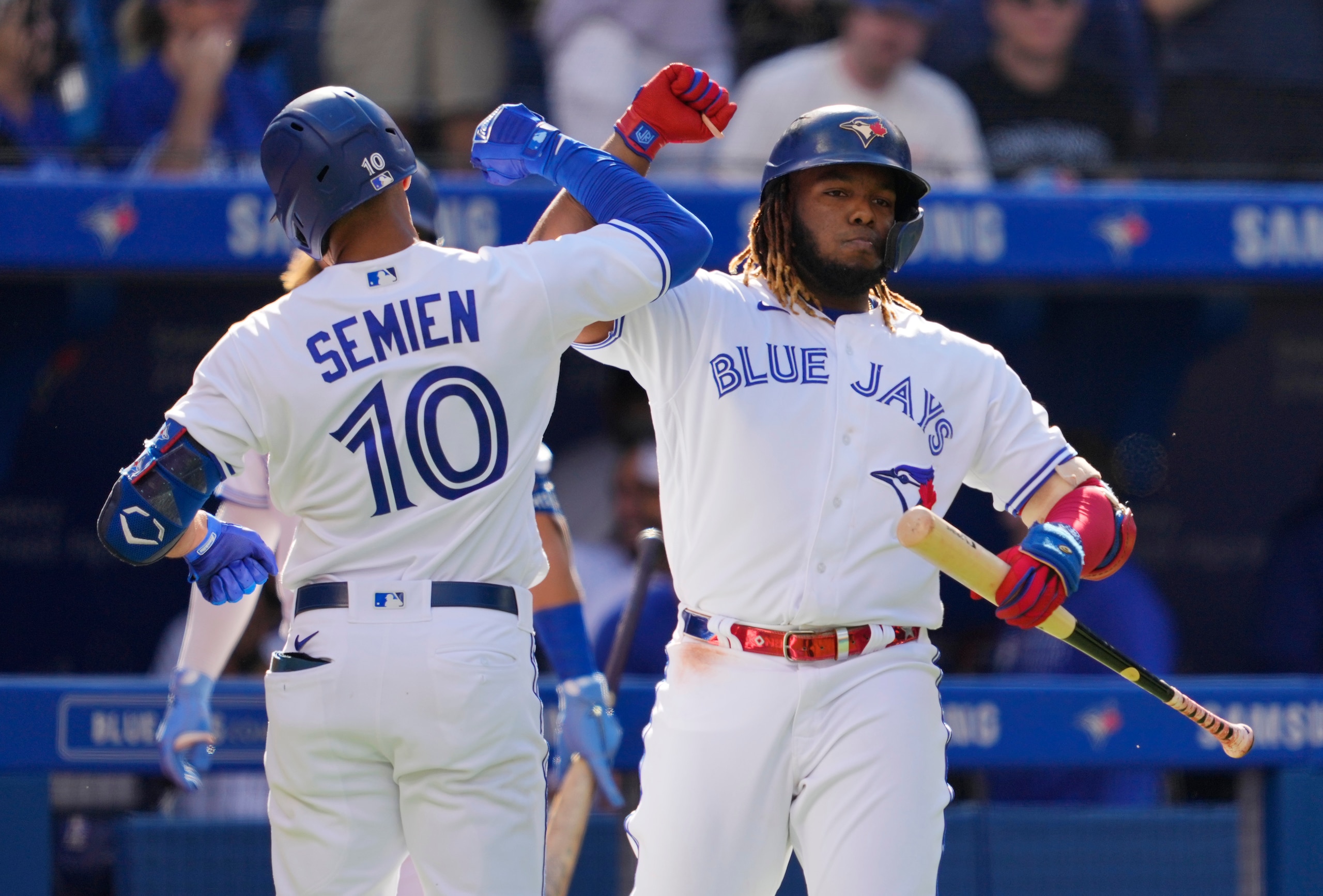 Marcus Semien and Vladimir Guerrero Jr. in the Toronto Blue Jays home jersey. Marcus Semien and Vladimir Guerrero Jr. in the Toronto Blue Jays home jersey.