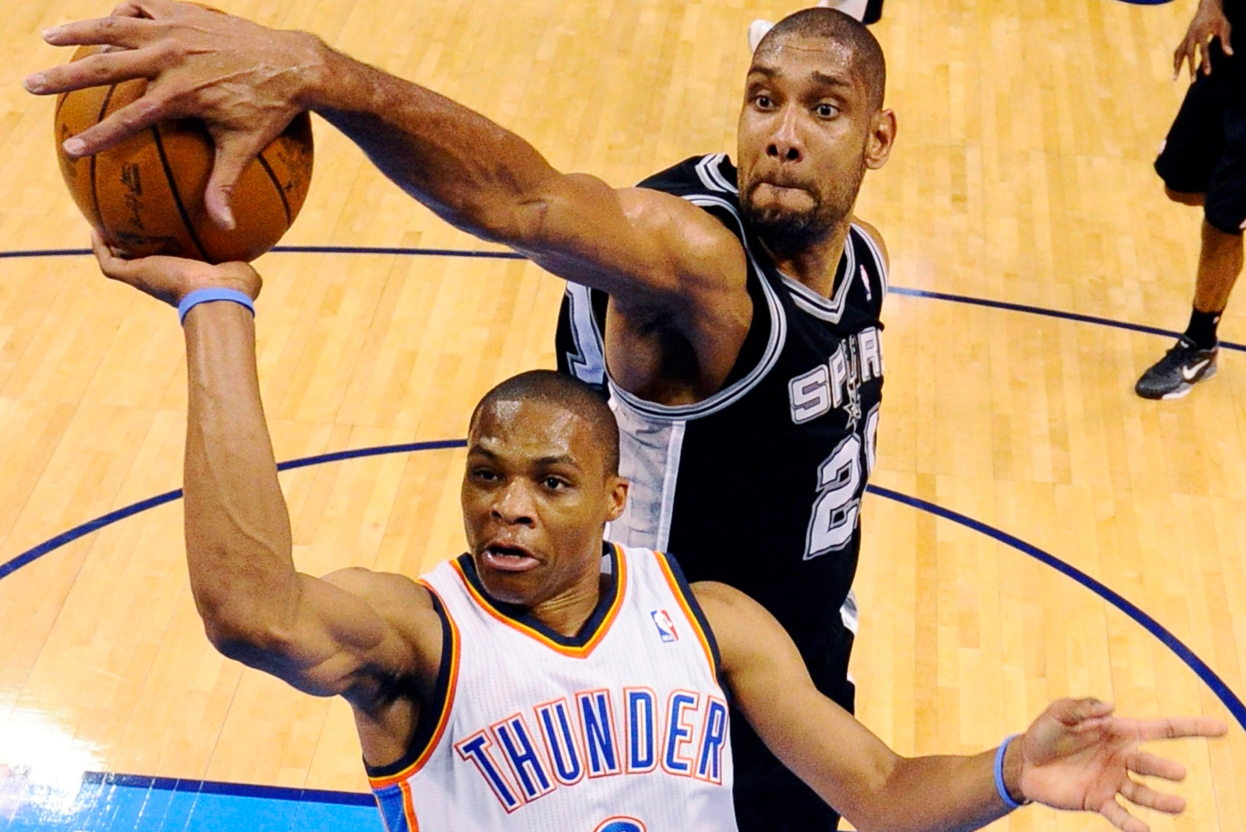 Tim Duncan blocking Russell Westbrook Tim Duncan blocking Russell Westbrook