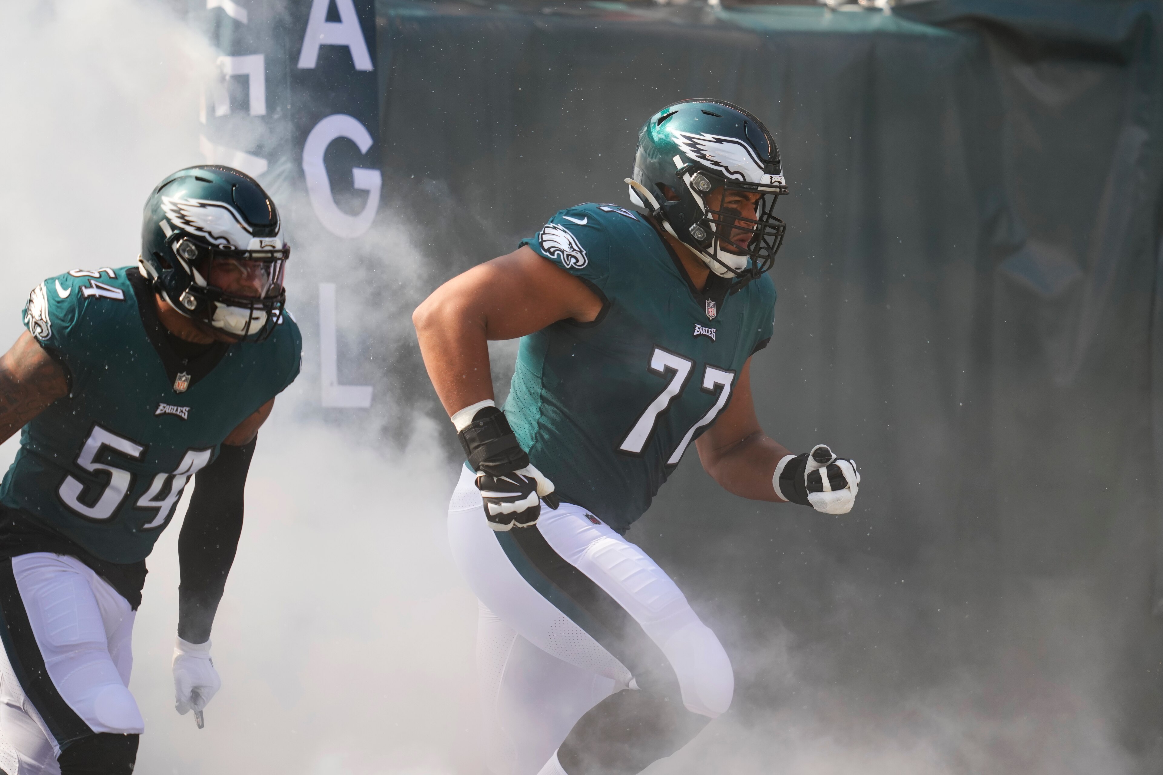 Philadelphia Eagles offensive tackle Andre Dillard (77) runs on to the field before an NFL football game against the Kansas City Chiefs, Sunday, Oct. 3, 2021, in Philadelphia. (AP Photo/Matt Slocum)