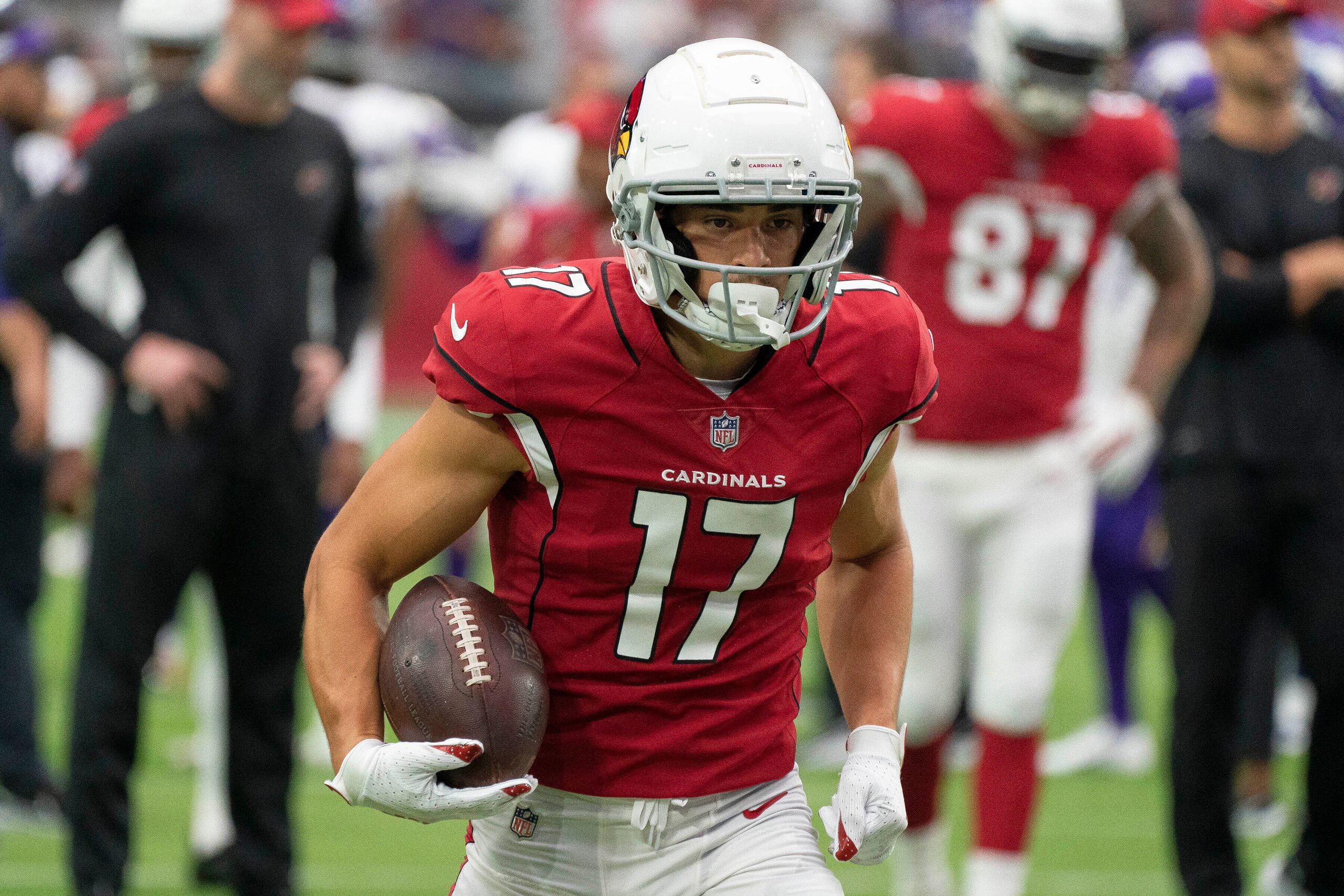 Arizona Cardinals wide receiver Andy Isabella during warmups before a football game Sunday, Sept 19, 2021, in Glendale, AZ. (AP Photo/Darryl Webb)