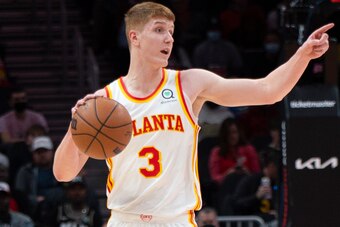 Atlanta Hawks guard Kevin Huerter (3) shown during the first half of an NBA basketball game against the Oklahoma City Thunder Monday, Nov. 22, 2021, in Atlanta. (AP Photo/Hakim Wright Sr.)