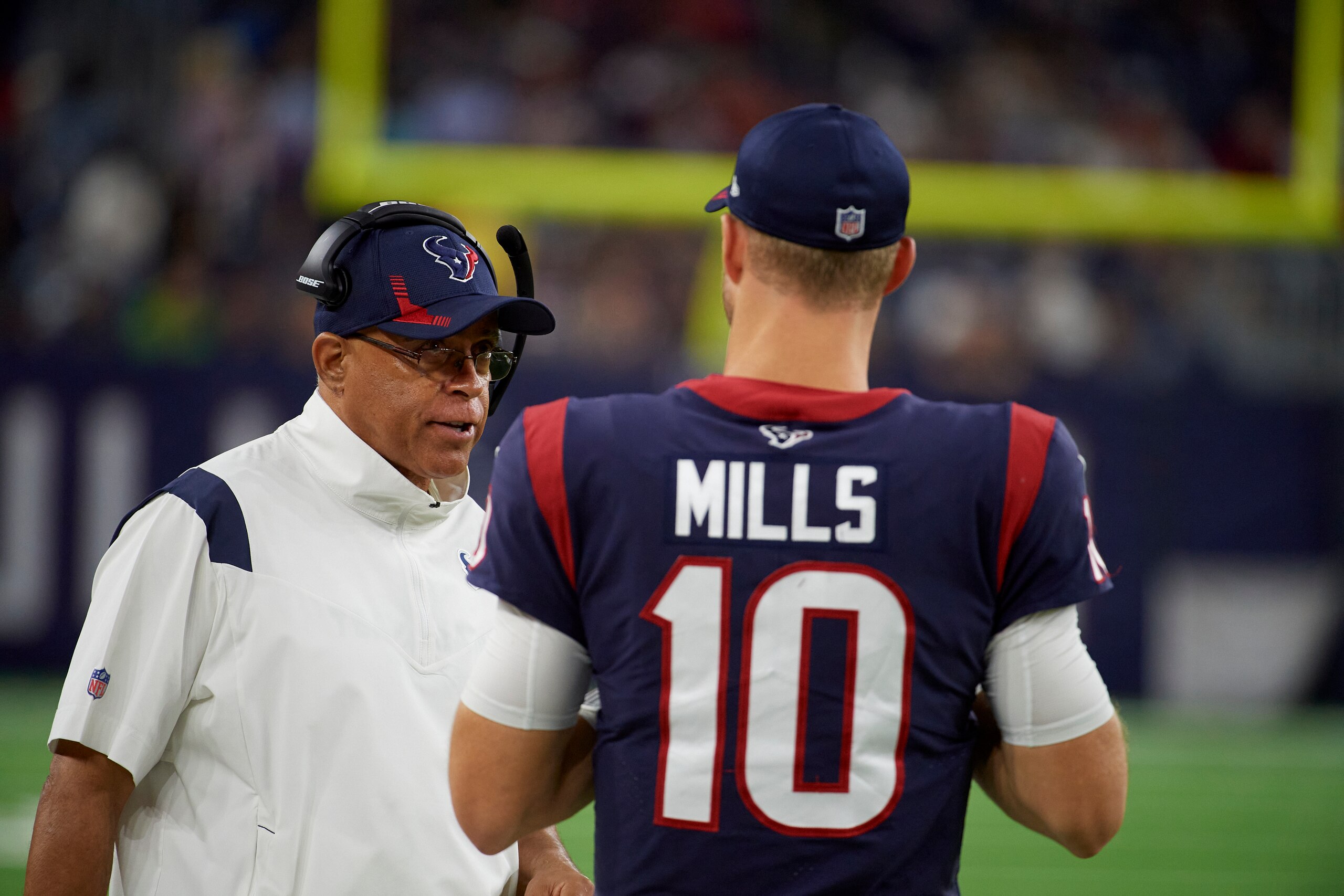 Houston Texans head coach David Culley (left) and quarterback Davis Mills (right)