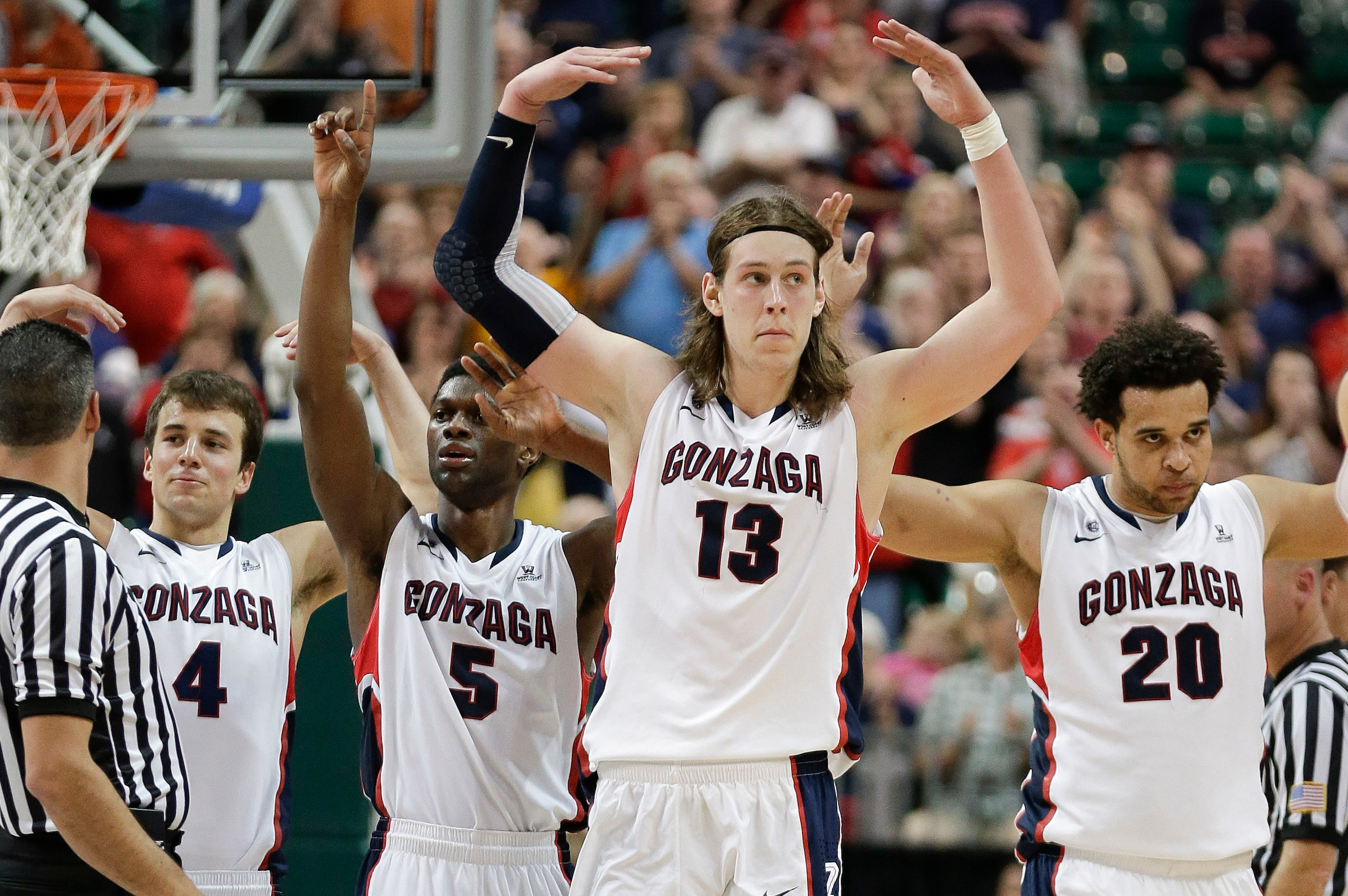 Gonzaga's Kevin Pangos (4), Gary Bell (5), Kelly Olynyk (13) and Elias Harris (20)
