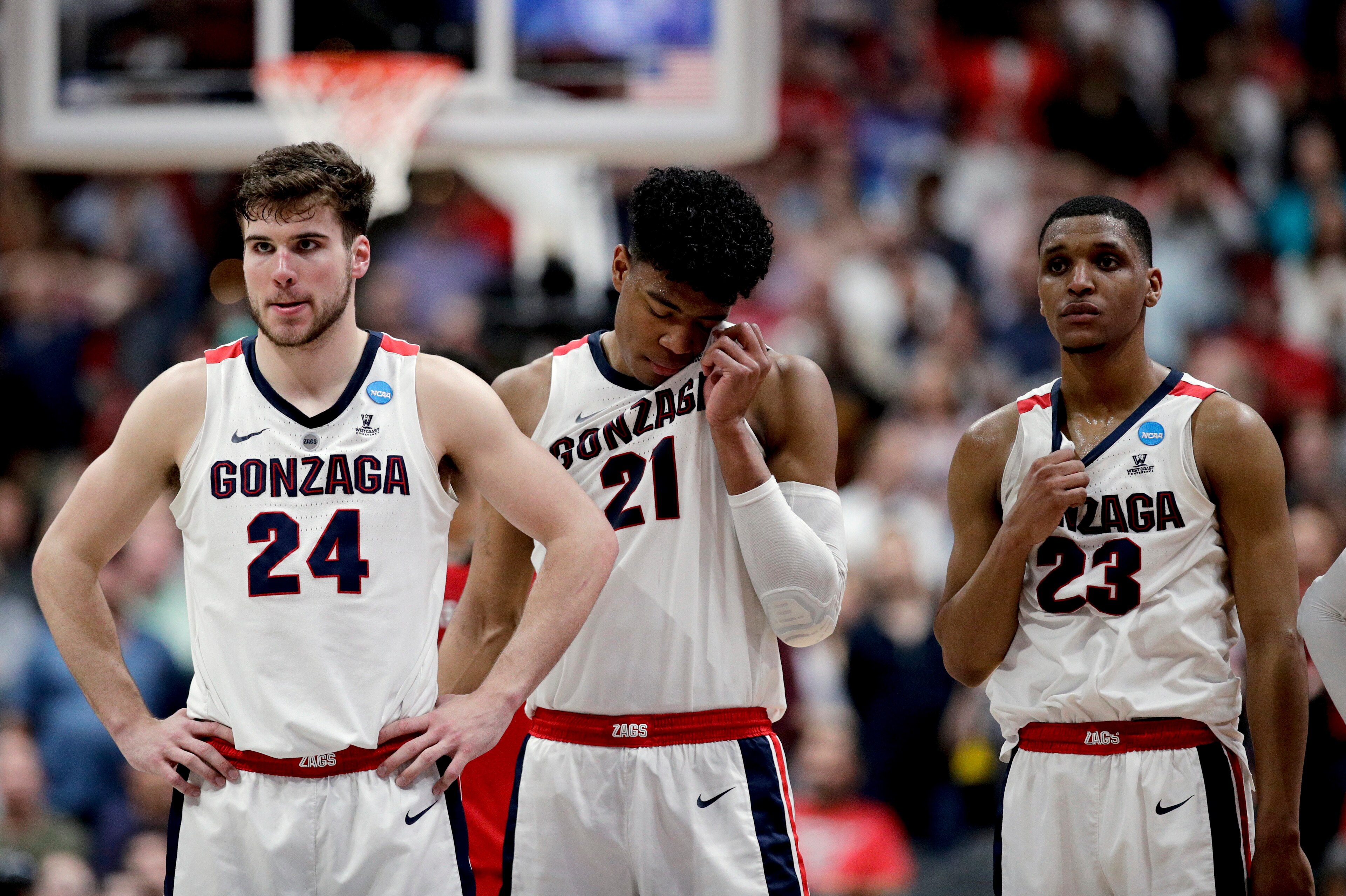 Gonzaga's Corey Kispert (24), Rui Hachimura (21) and Zach Norvell Jr. (23)